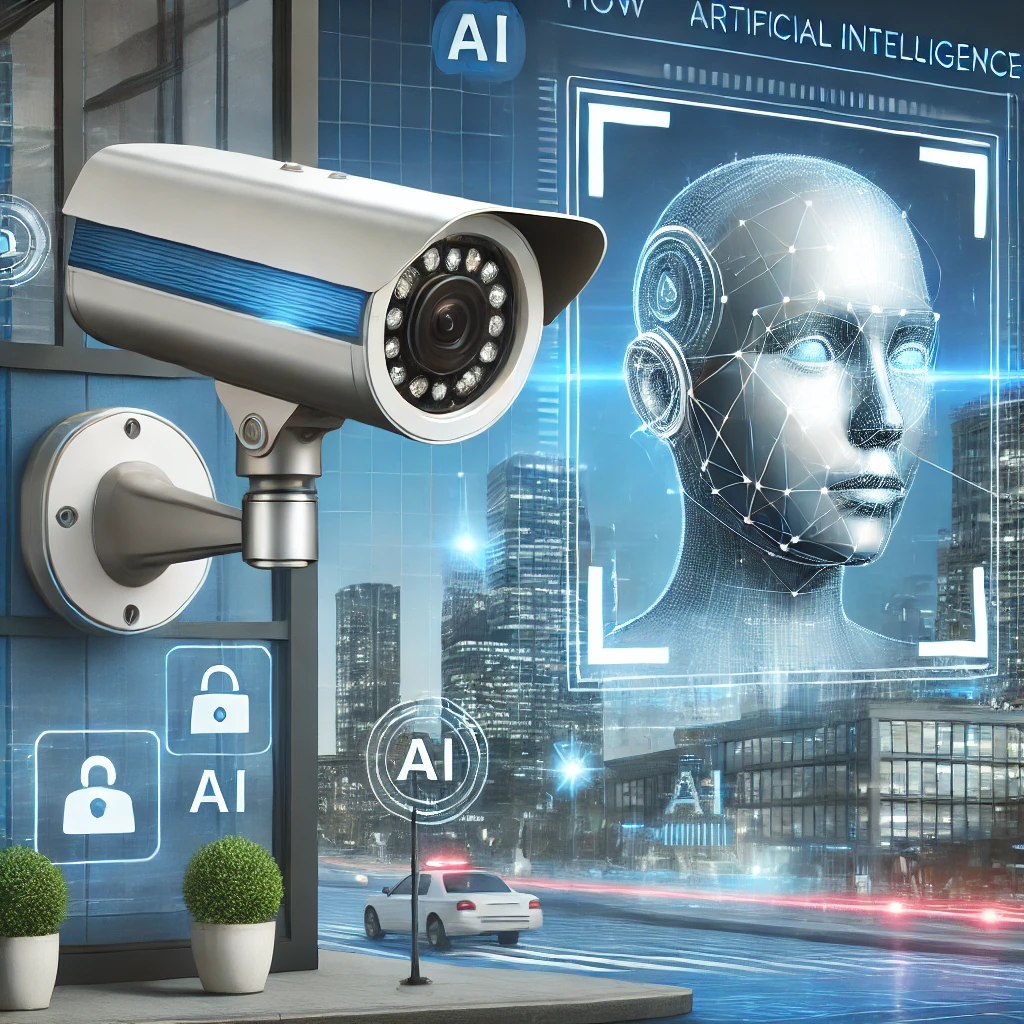 AI-powered security technology with facial recognition and a cityscape in brand colors of blue and white, symbolizing innovation in the security industry.