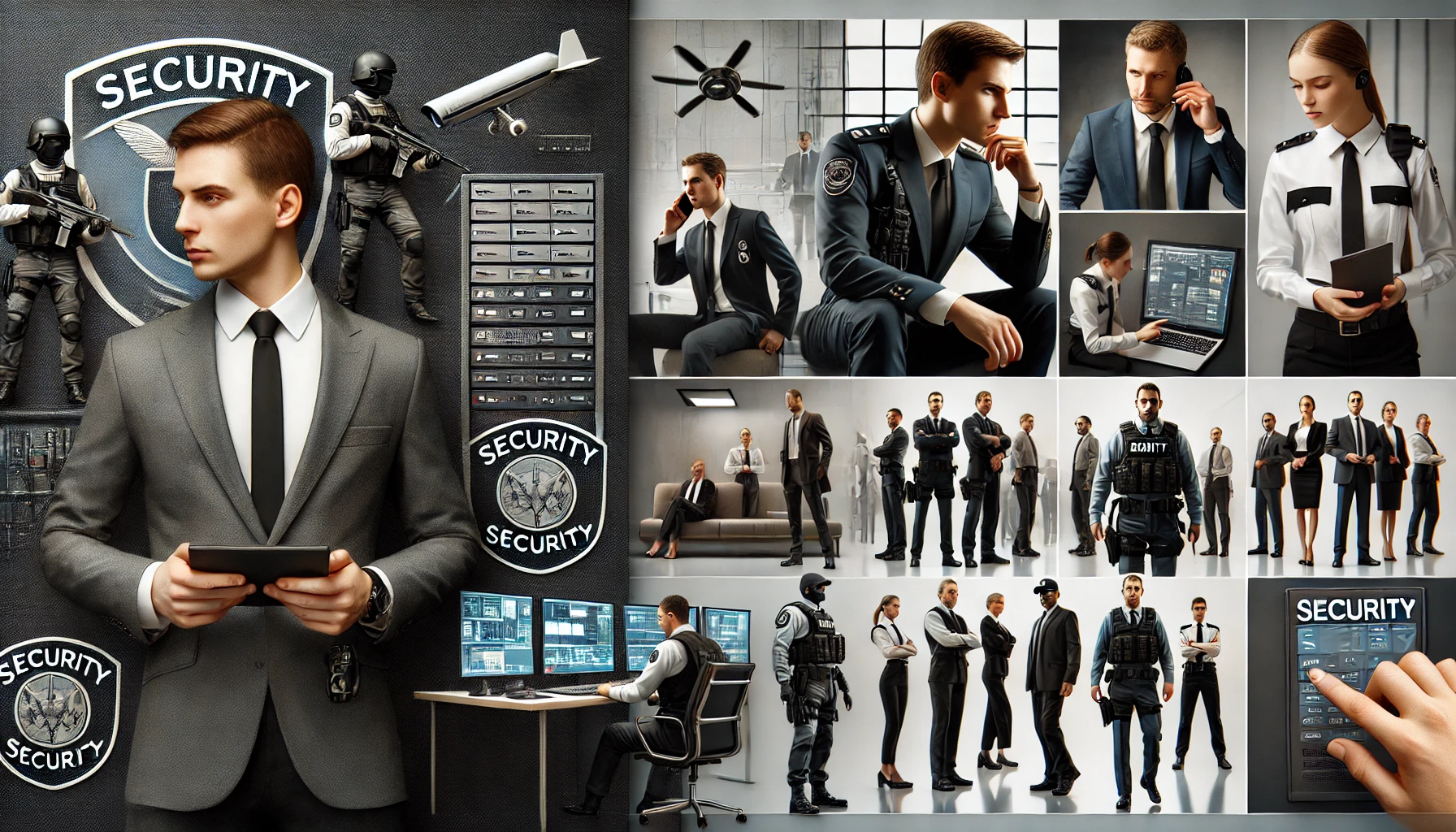 A professional image of security professionals in action with red accents in uniforms, equipment, and modern security technology, showcasing roles like event security and VIP protection