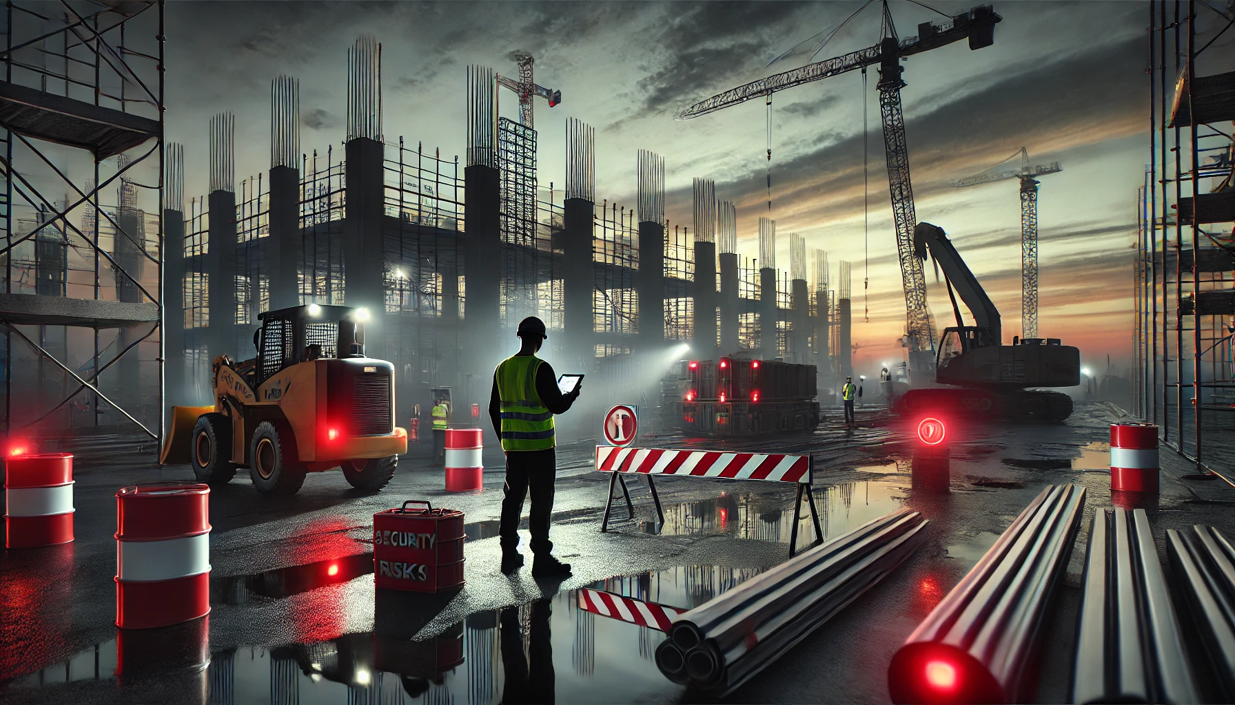 ecure construction site in Los Angeles with realistic security personnel and construction workers