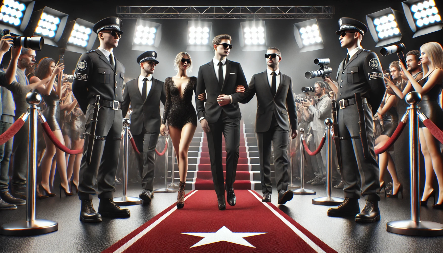 A Hollywood celebrity escorted by professional security guards at a red carpet event, featuring controlled crowds, and paparazzi camera flashes