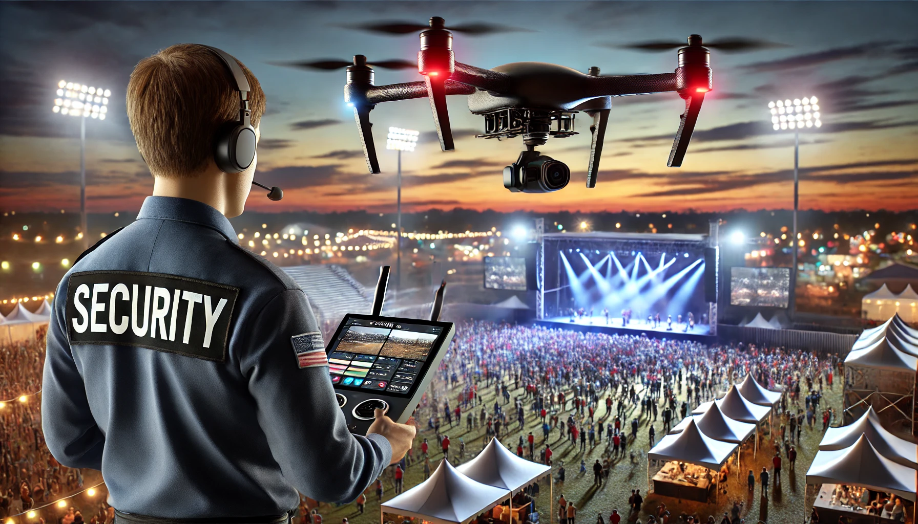 Drone flying above an outdoor event at dusk, with a security officer monitoring a clear video feed on a tablet