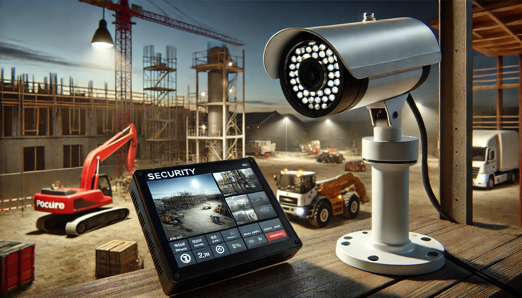 Advanced surveillance camera monitoring a construction site during the evening, with machinery and partially built structures in the background