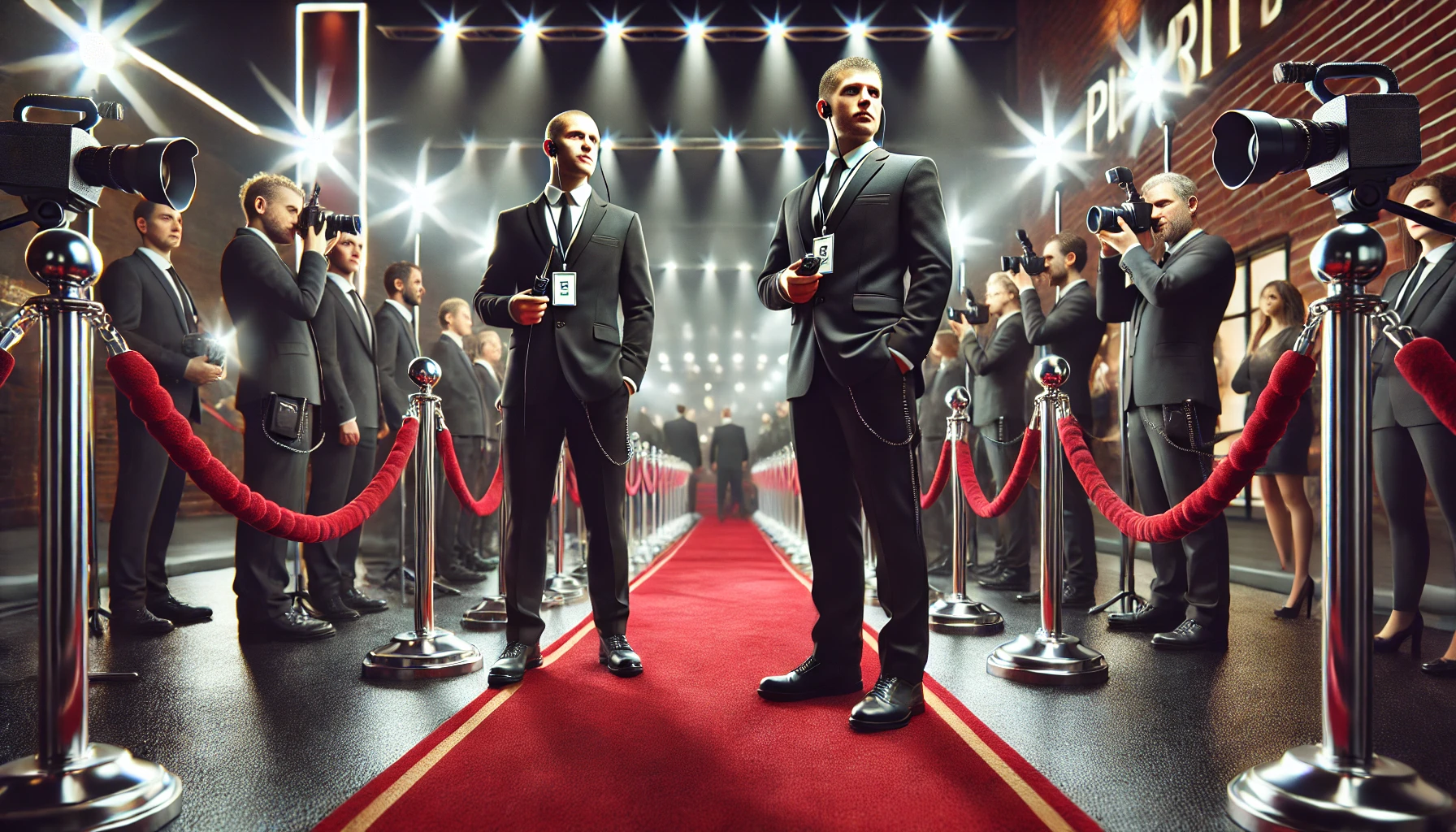 Security guards managing paparazzi with cameras and flashes at a red carpet event, maintaining order with VIPs walking in
