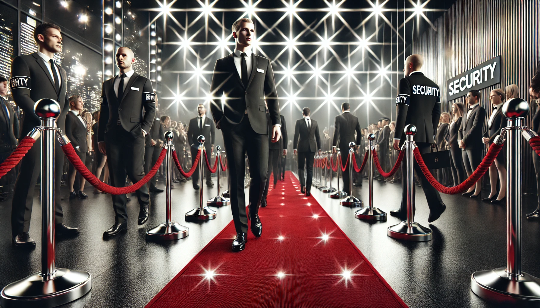 Glamorous red carpet event with security personnel ensuring safety