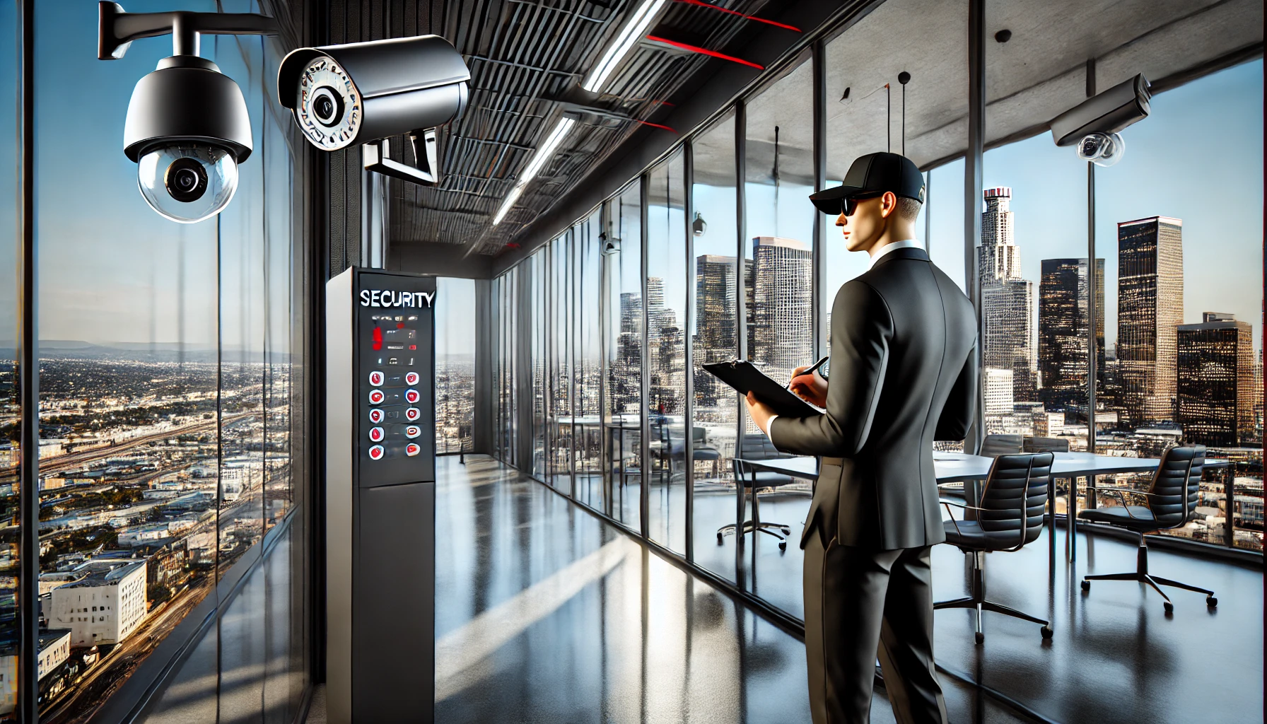 Security auditor inspecting a camera at a Los Angeles business with a modern office and skyline in the background
