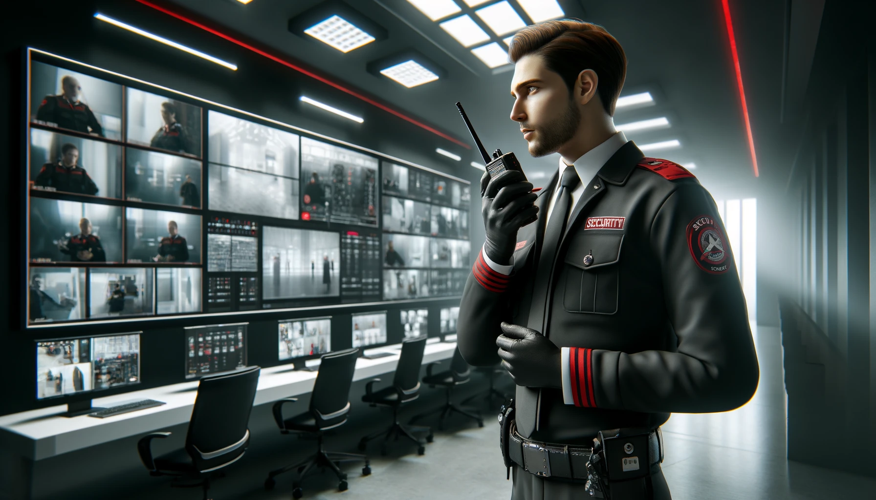 Professional security officer using a walkie-talkie in a modern control room with surveillance screens