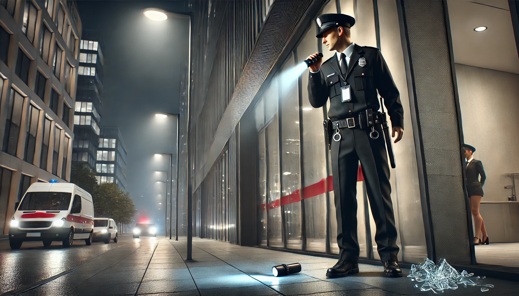 Security guard patrolling an urban area at night to prevent vandalism