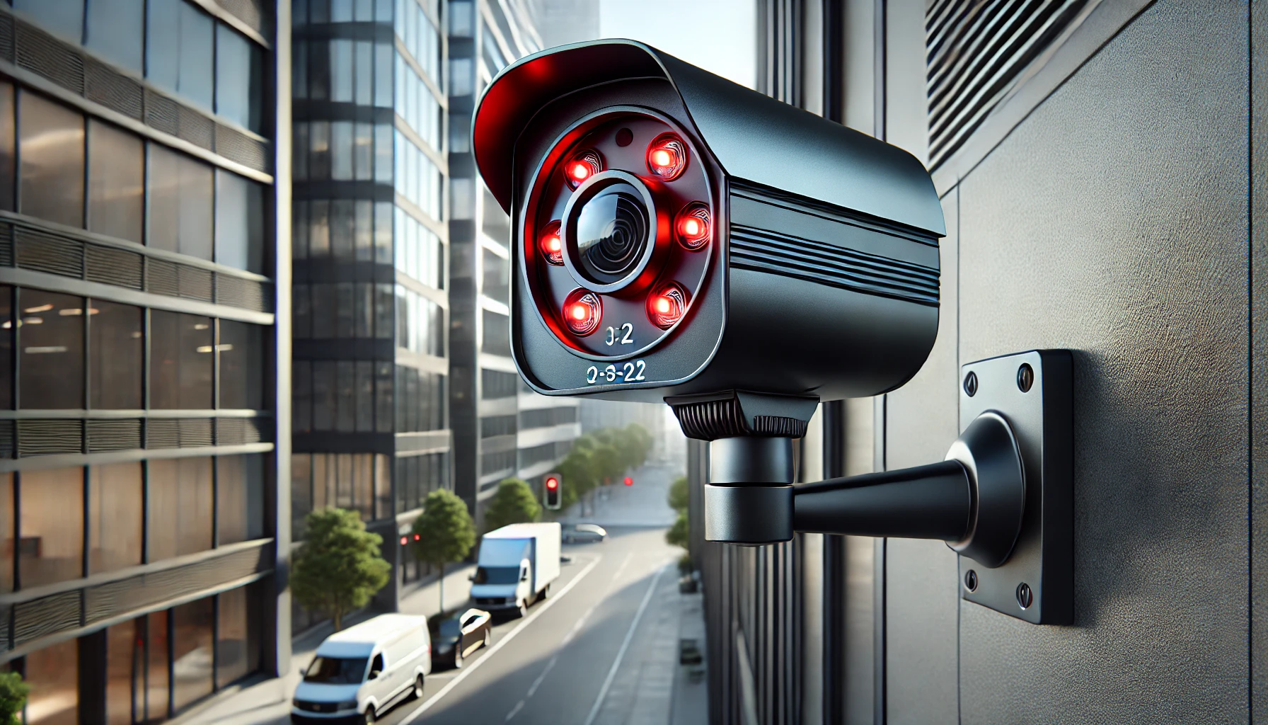 Sleek smart security camera with glowing red LED indicators mounted on a building