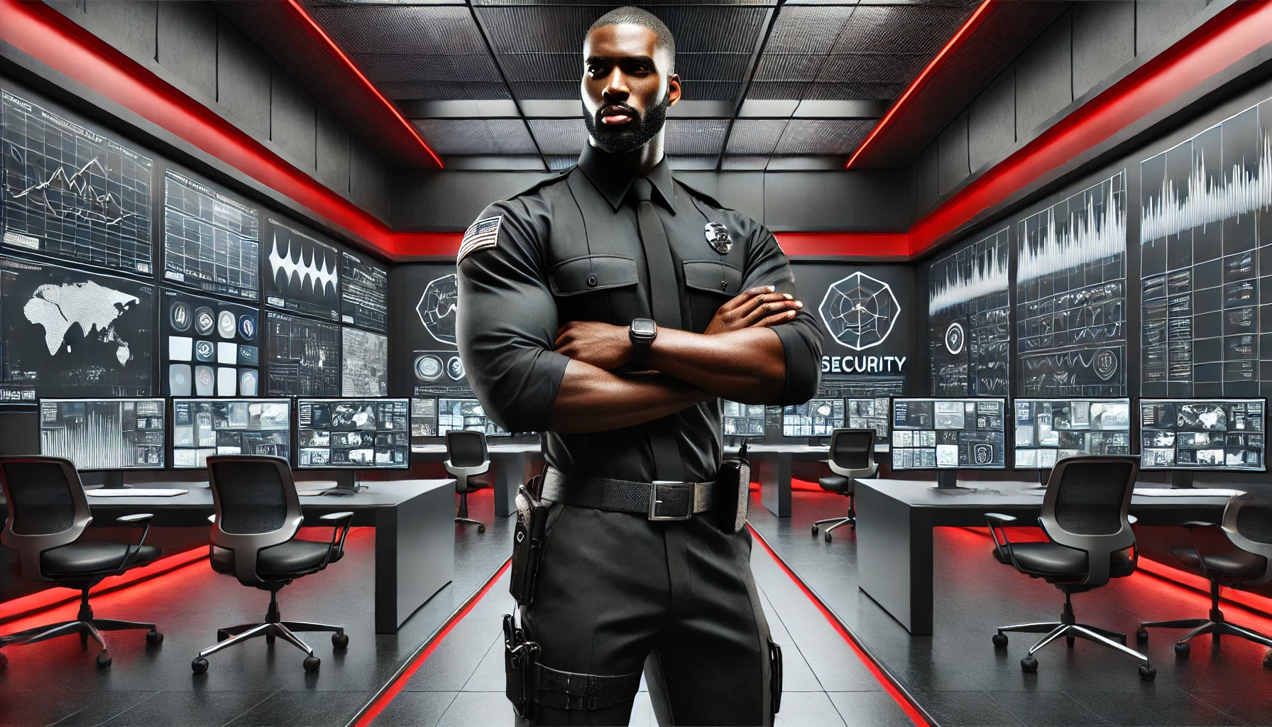 security guard in a sleek uniform standing in a high-tech security control room